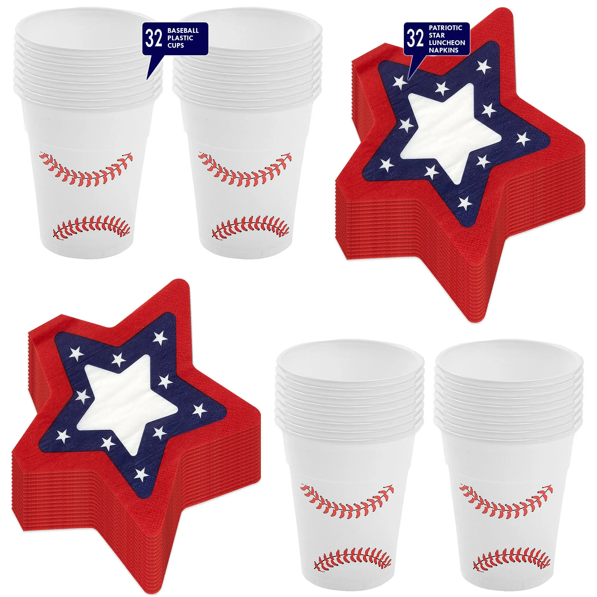 All Star Baseball Party Supplies - Plastic Cups With Star-Shaped Paper Napkins (Serves 32)