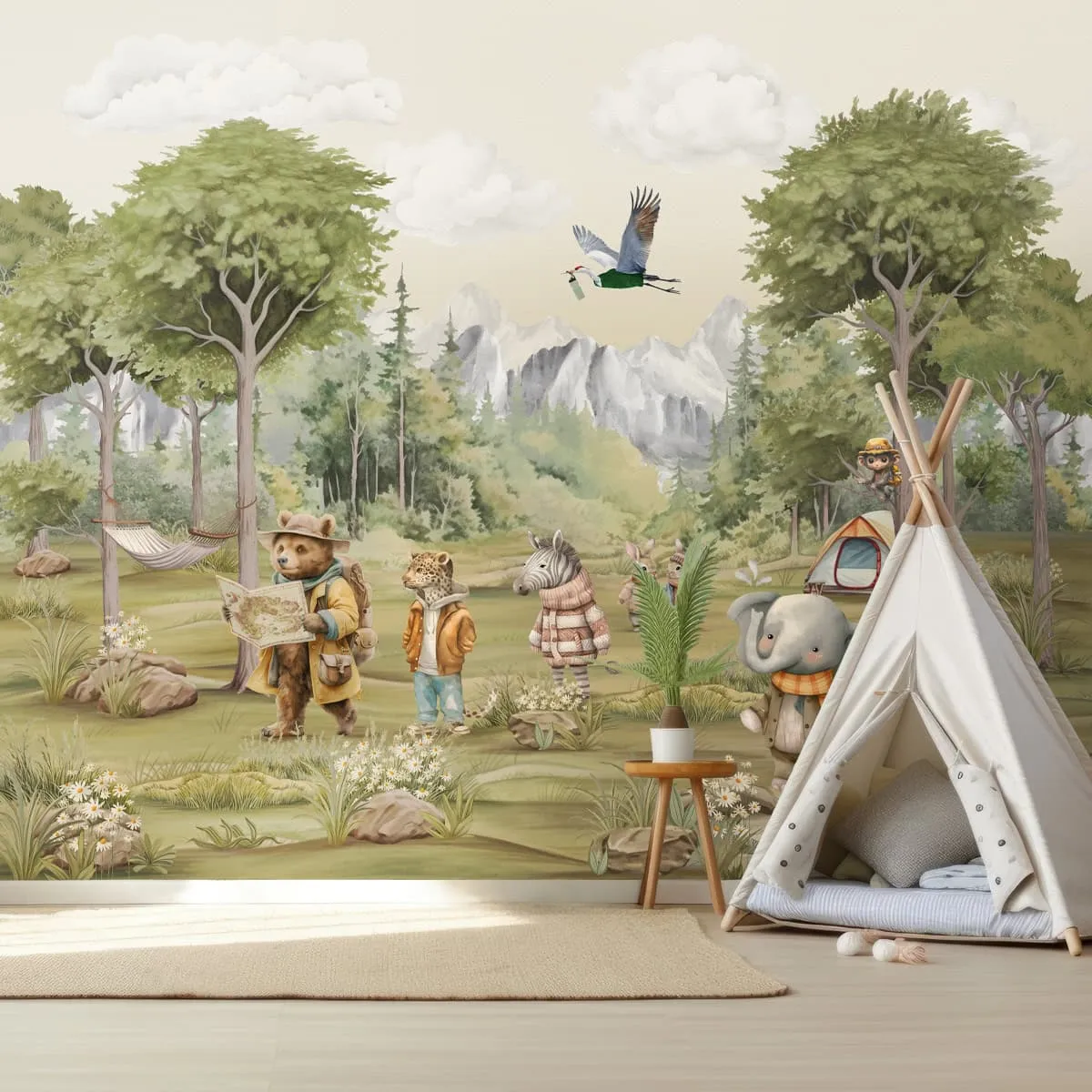 Animals Jungle Camp Wallpaper for Kids Rooms