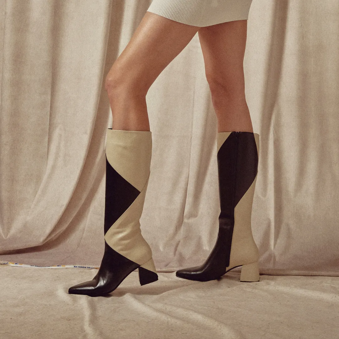 Bari knee-high boots in black/off white leather womens shoes