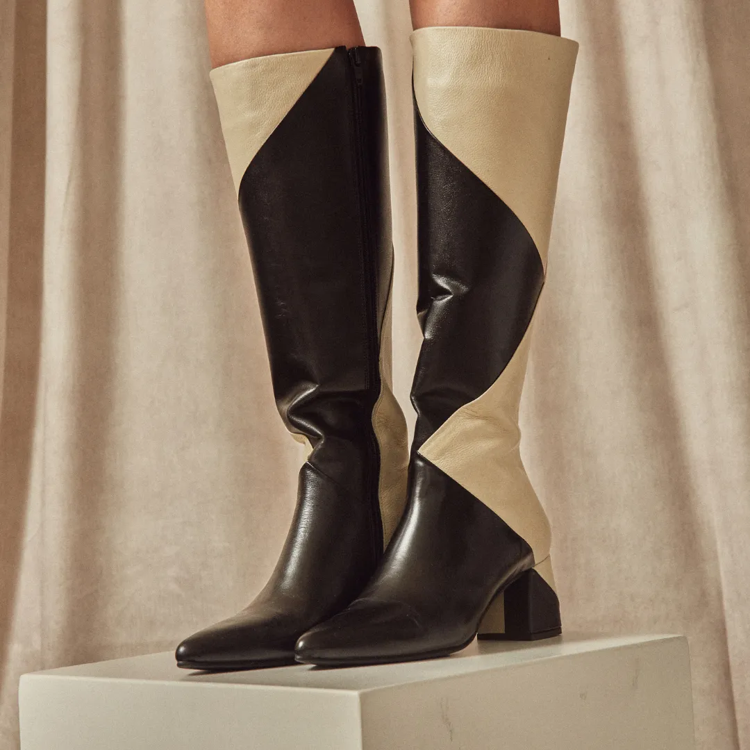 Bari knee-high boots in black/off white leather womens shoes