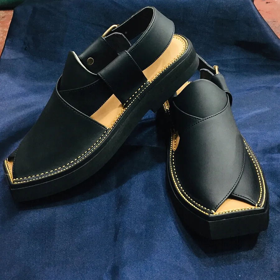 Black Leather Peshawari Chappal Gents Shoes