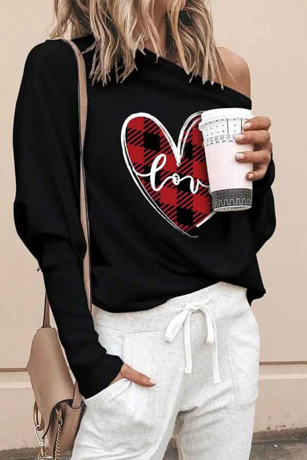 Black Valentine Graphic Tees Love Heart Plaid Bat Sleeve Top for Women