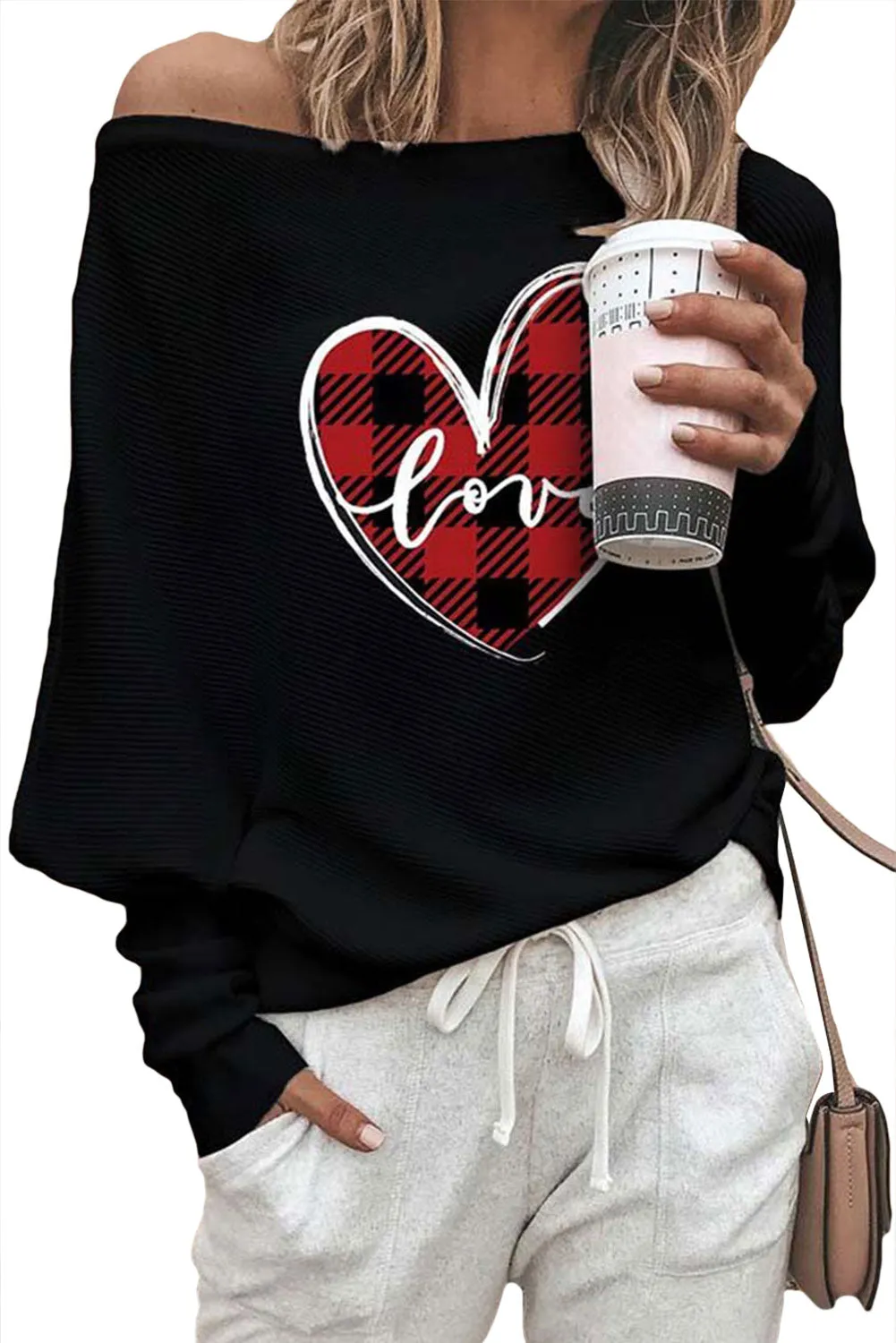 Black Valentine Graphic Tees Love Heart Plaid Bat Sleeve Top for Women