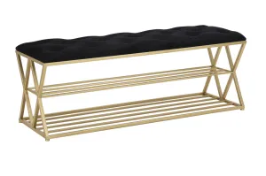 Black Velvet Bench with Golden Metal Stand & Shoe Shelf