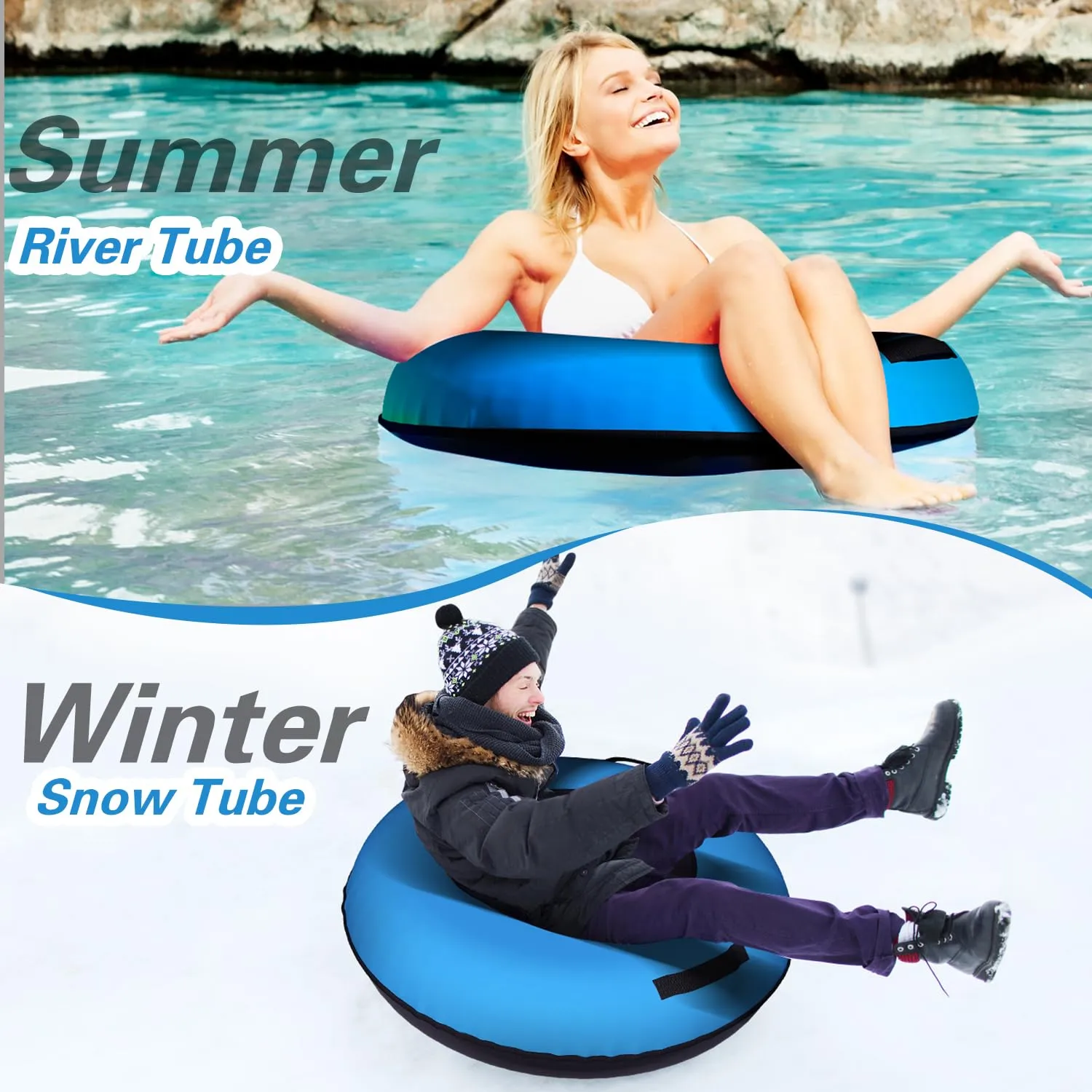 Danrelax 44 Inch Snow Tube & River Tube with 500D Premium Canvas Cover, Family Towable Snow Tube, Snow Tube for Sledding Heavy Duty, Snow Tube with Cover for Winter Outdoor Sports, Blue