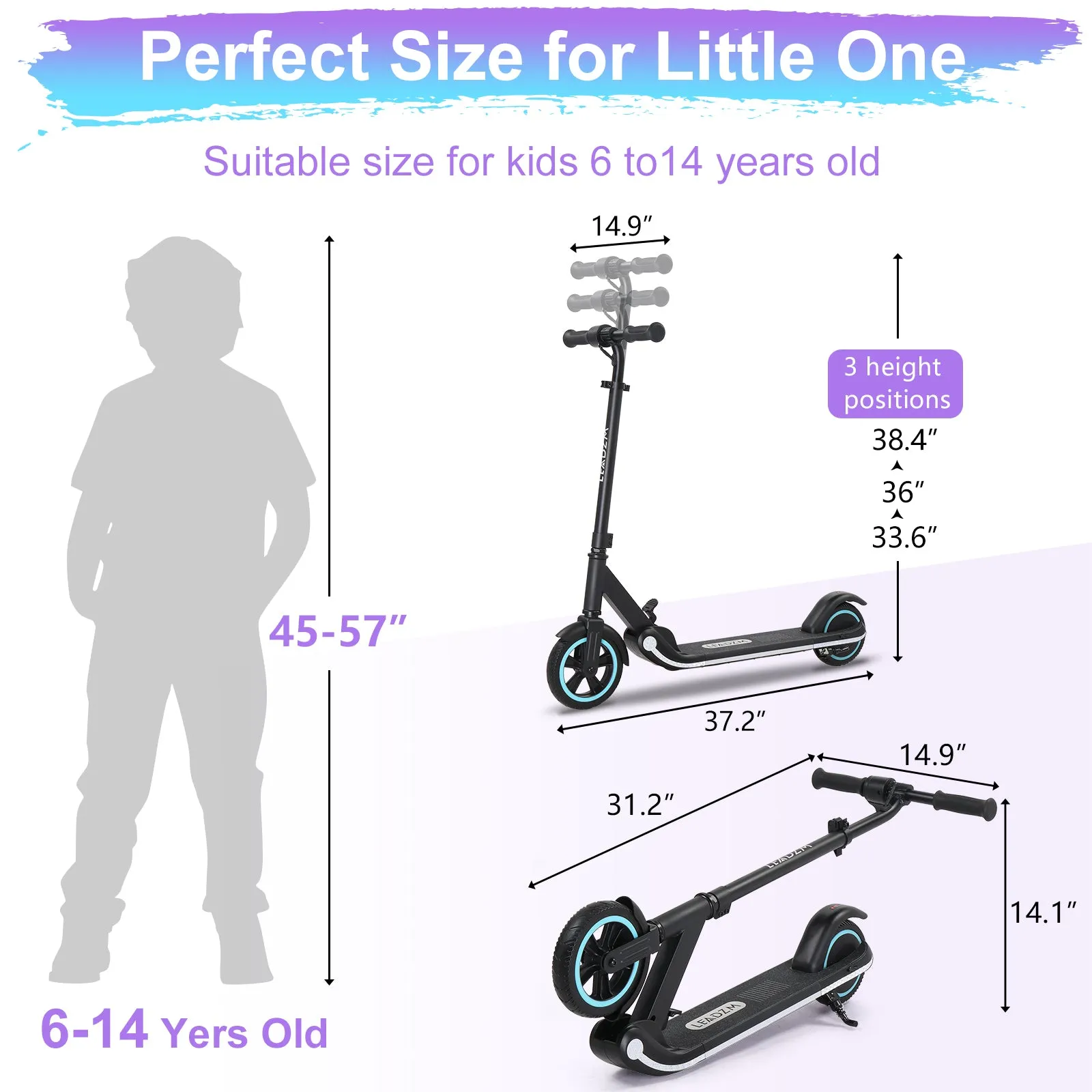 Electric Scooter for Kids Aged 6-14, Hub Motor Max Speed 9.3 mph Kids Scooter with 3 Flashing LEDS