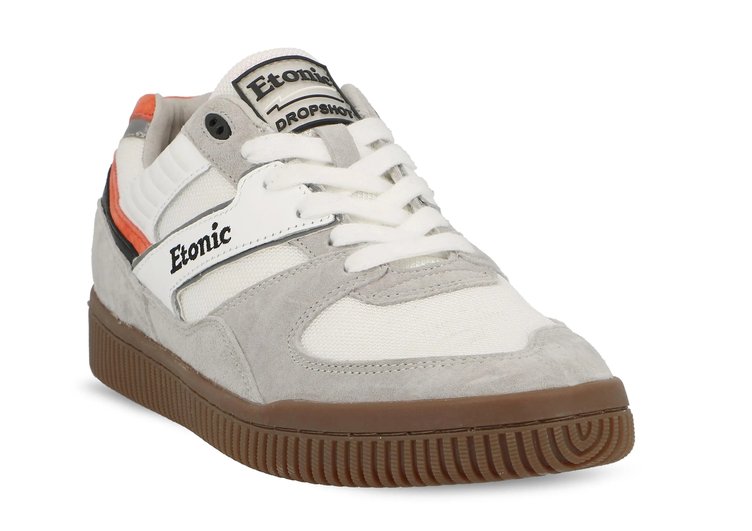 Etonic DROPSHOT sneakers in grey suede leather, white mesh, black and bright red details with light honey outsole.