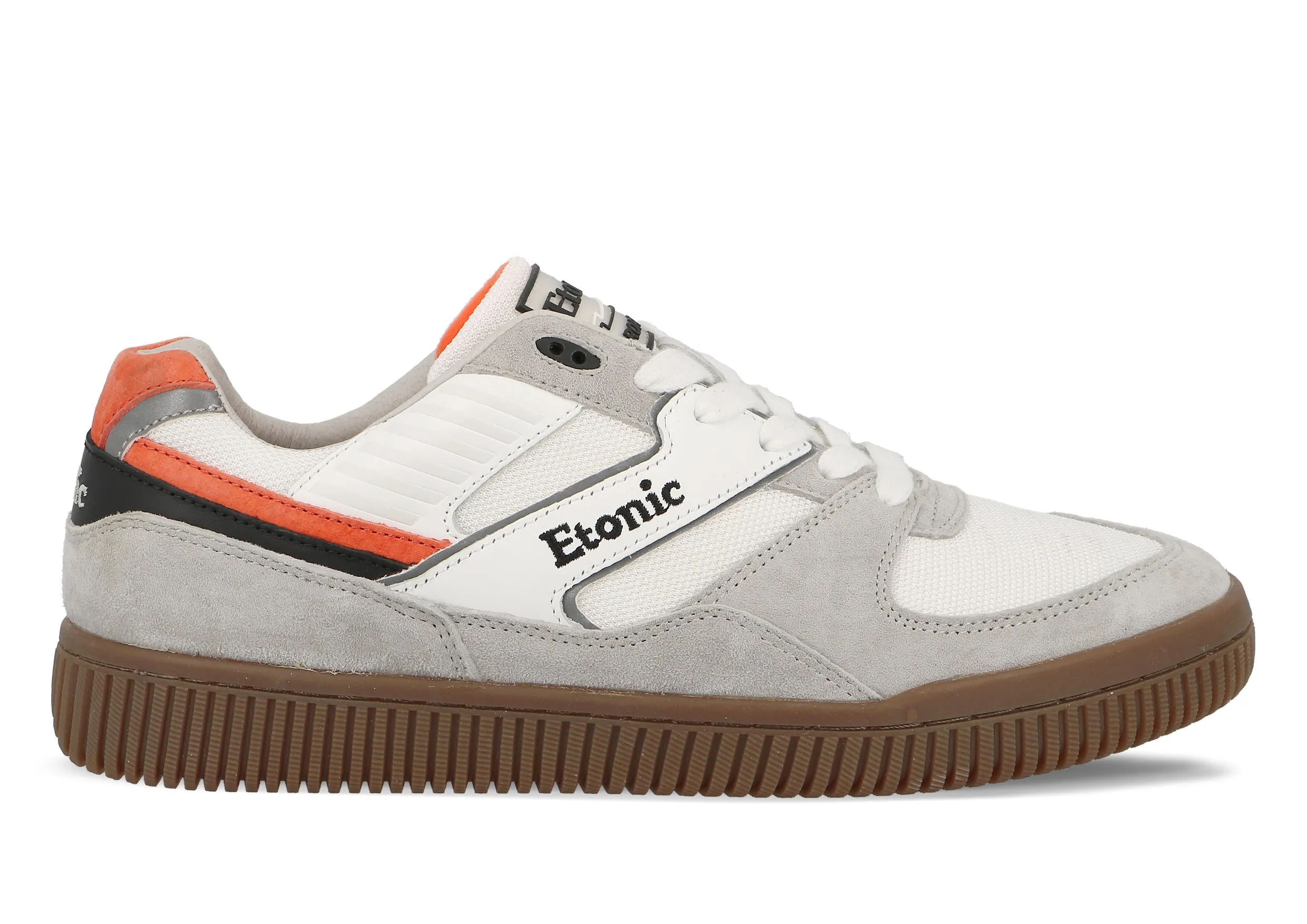 Etonic DROPSHOT sneakers in grey suede leather, white mesh, black and bright red details with light honey outsole.