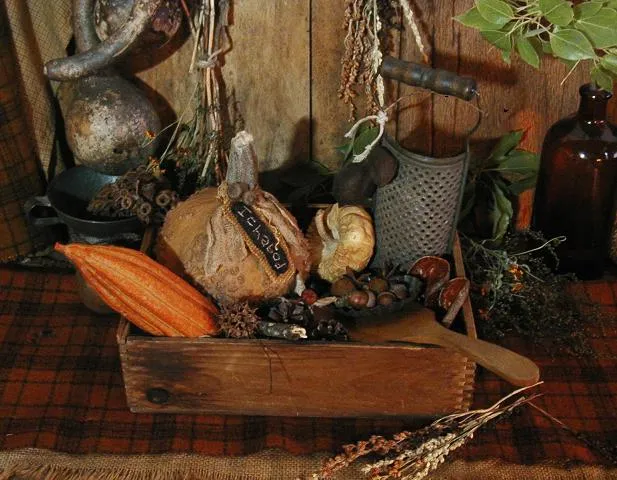 Fall Antique Box Gourd Pumpkin Butter Paddle Acorns Grater LIghts Up Fabulous