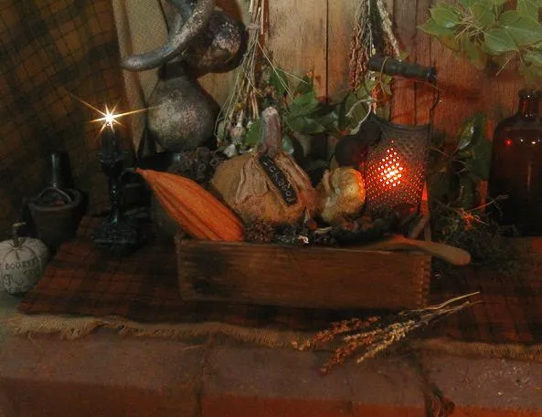 Fall Antique Box Gourd Pumpkin Butter Paddle Acorns Grater LIghts Up Fabulous