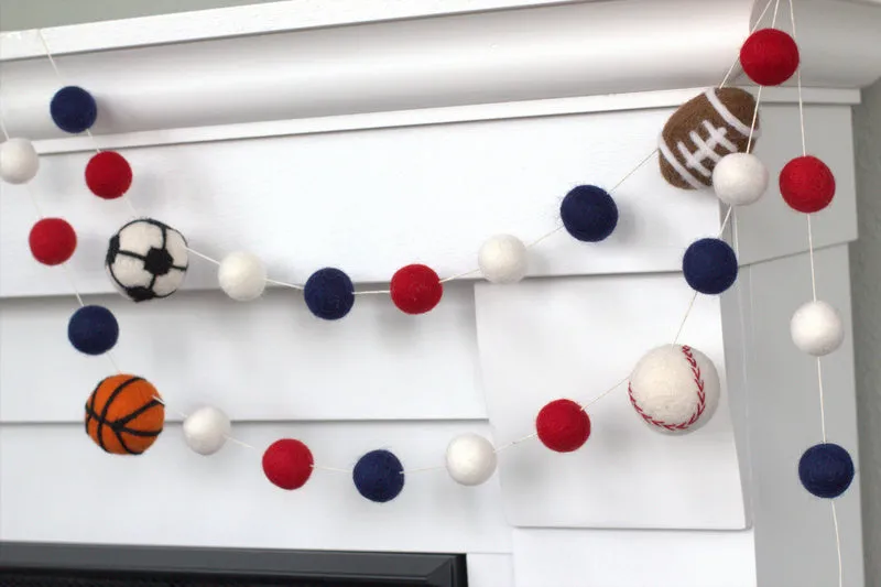 Felt Sports Balls Garland- Navy Blue, Red, White