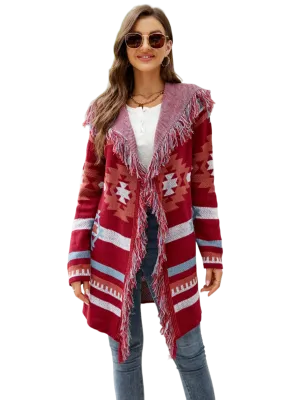 Fringe Geometric Hooded Long Sleeve Cardigan