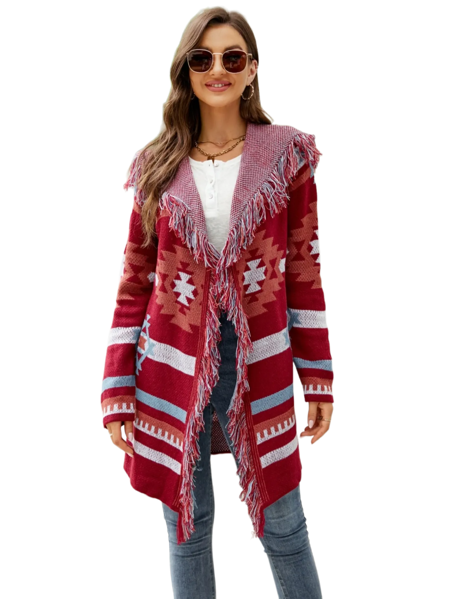 Fringe Geometric Hooded Long Sleeve Cardigan