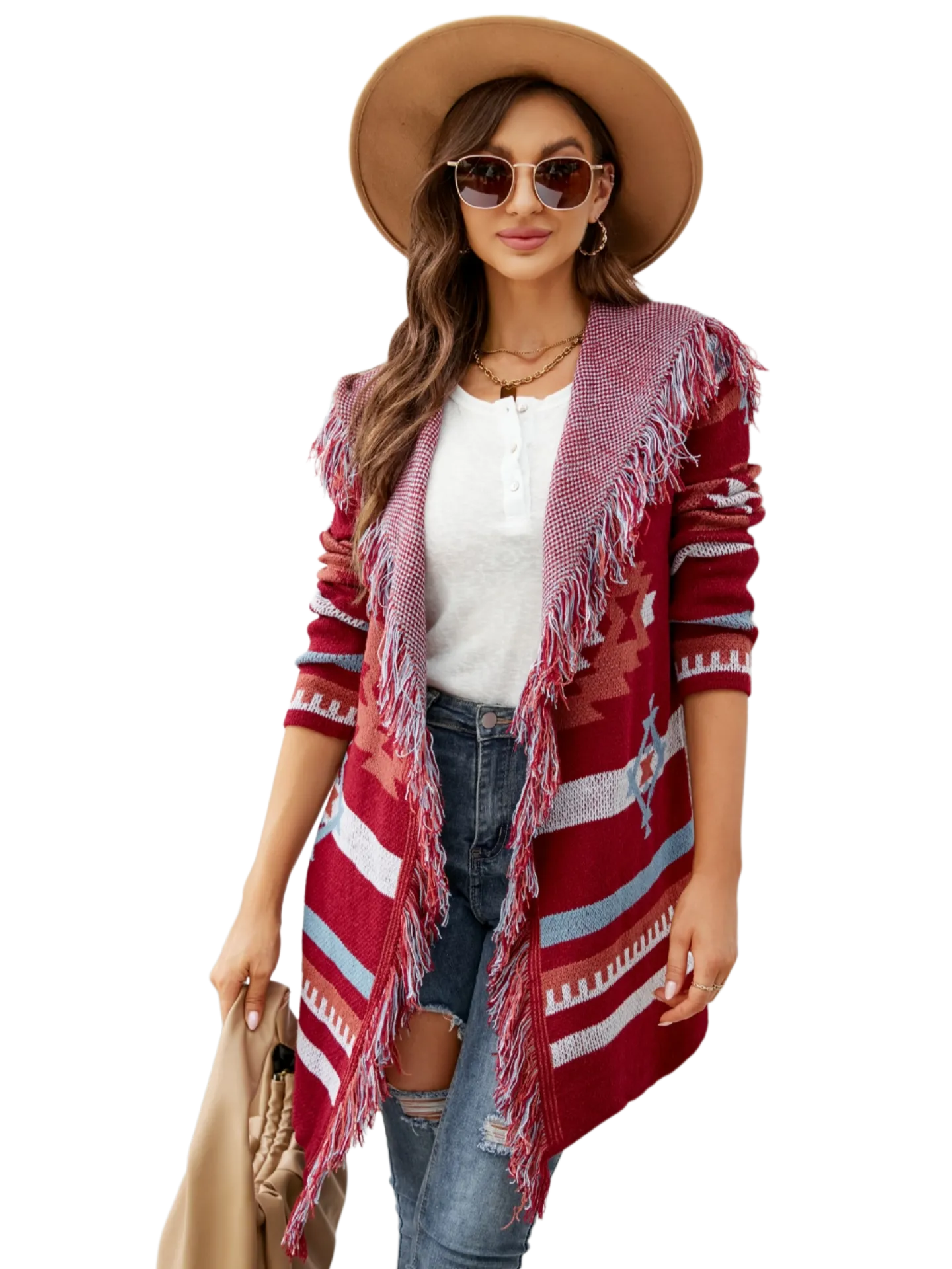 Fringe Geometric Hooded Long Sleeve Cardigan