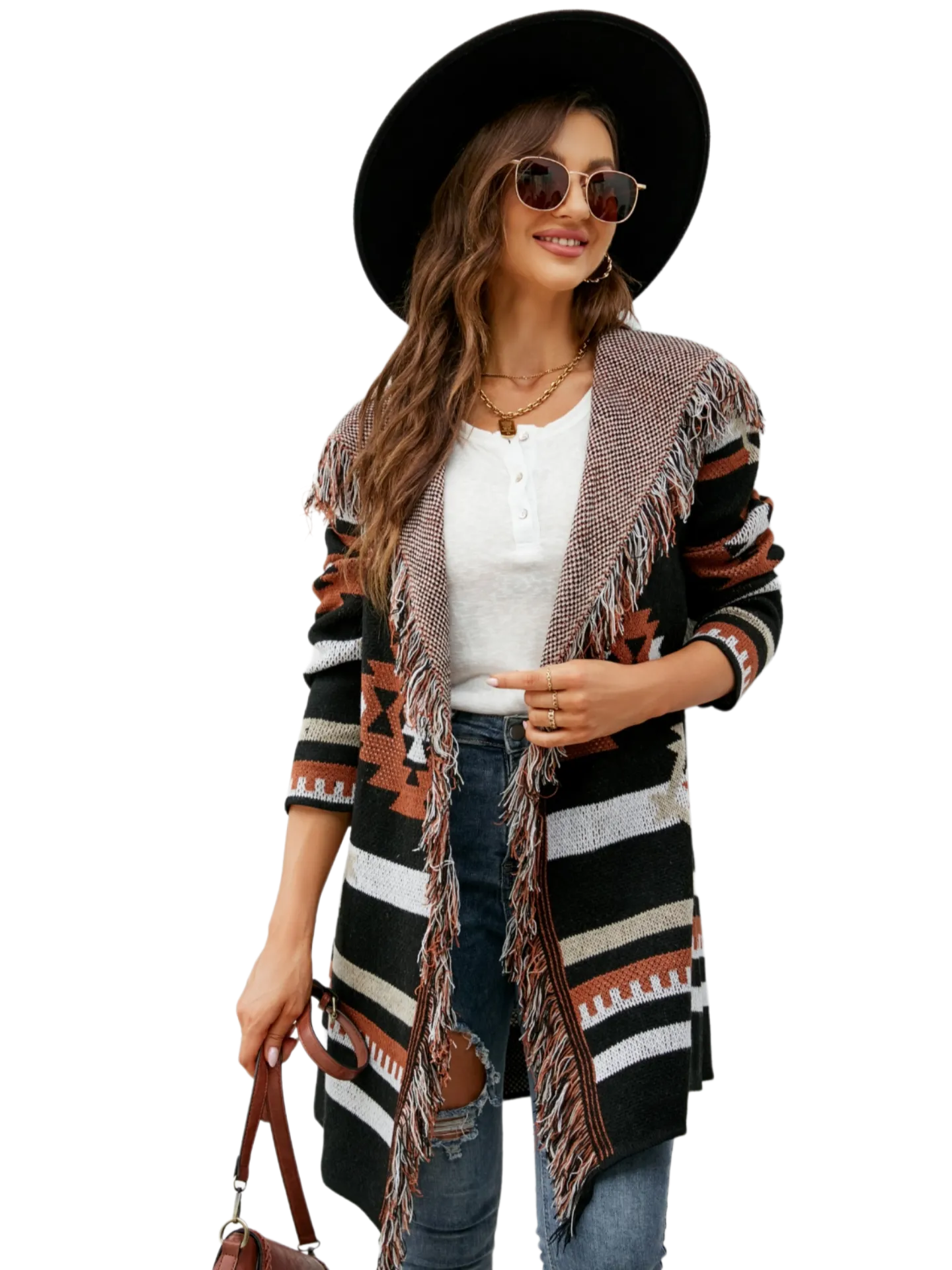 Fringe Geometric Hooded Long Sleeve Cardigan