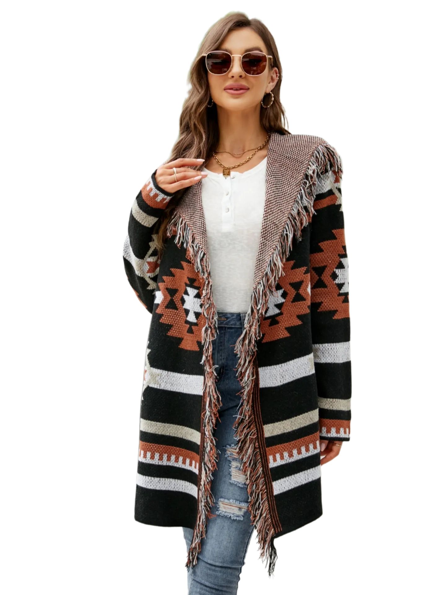 Fringe Geometric Hooded Long Sleeve Cardigan