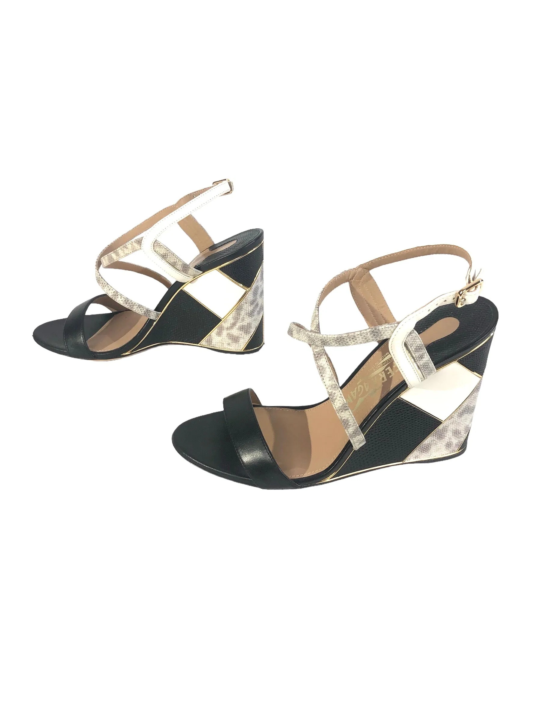 Geometric Wedge Lizard Leather Sandal | Size US 8