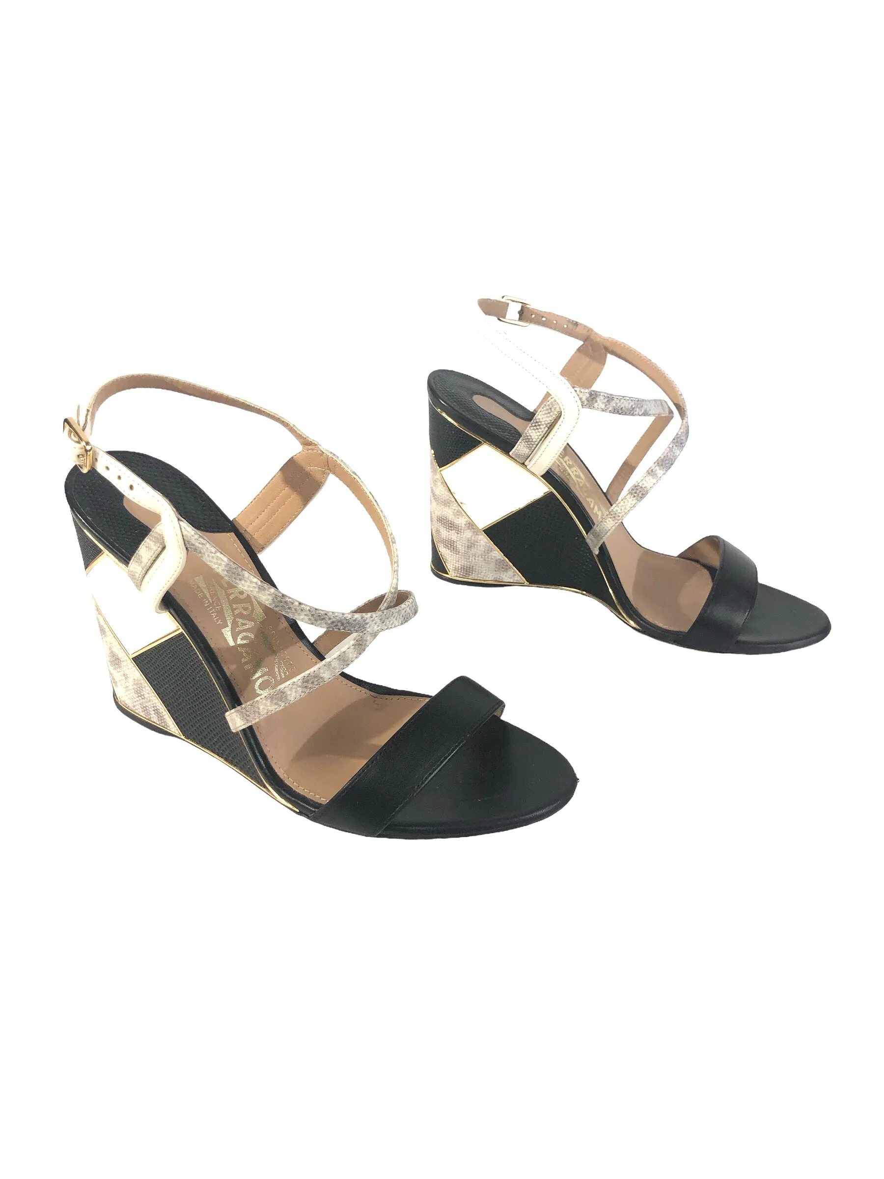 Geometric Wedge Lizard Leather Sandal | Size US 8