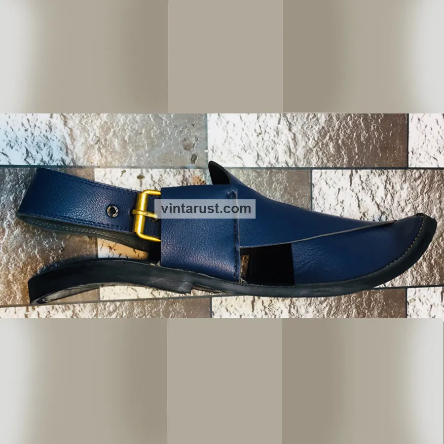 Handmade Blue Wide Round Peshawari Men's Chappal