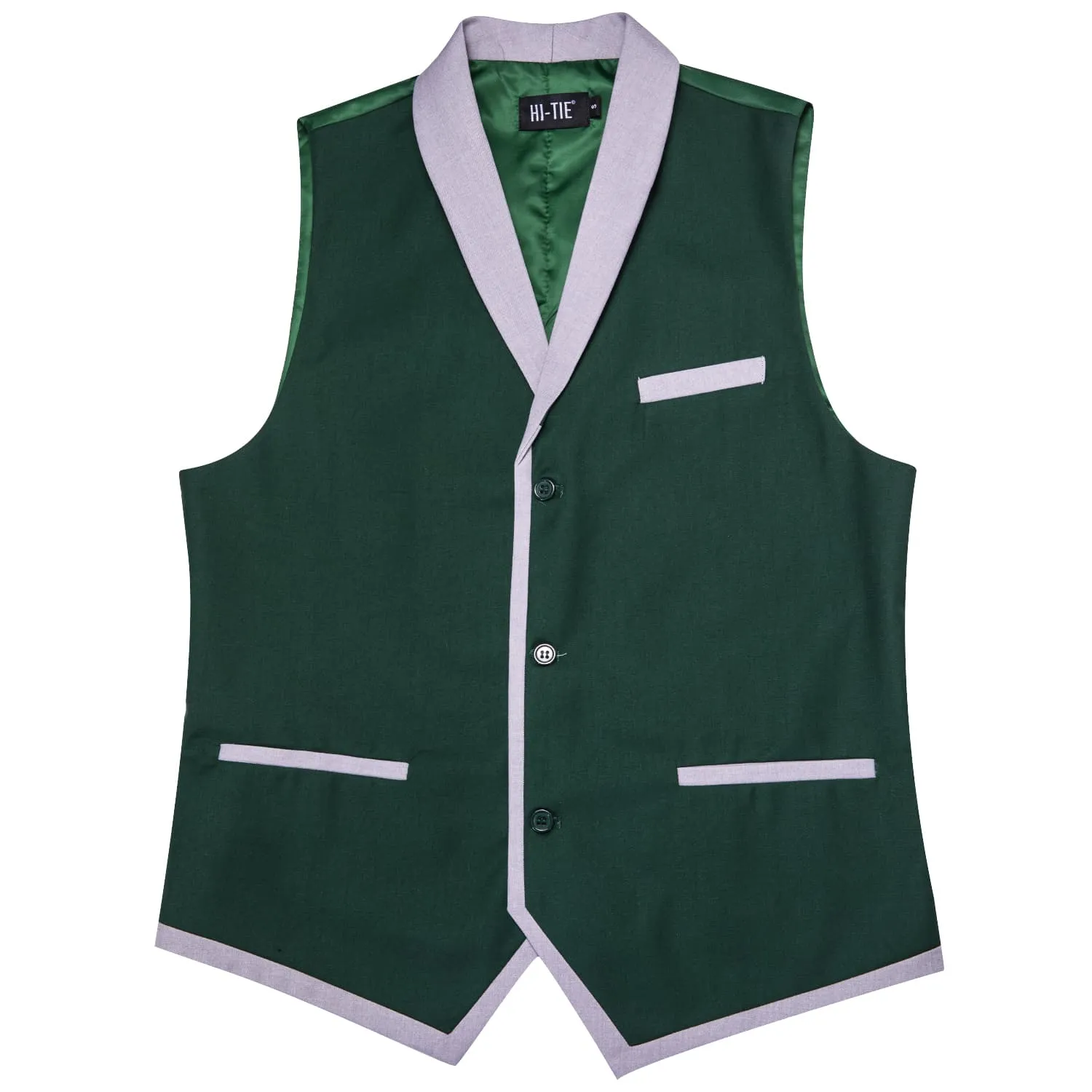 Hi-Tie LightGrey Shawl Collar Sapphire Pine Green Solid Waistcoat Formal Vest