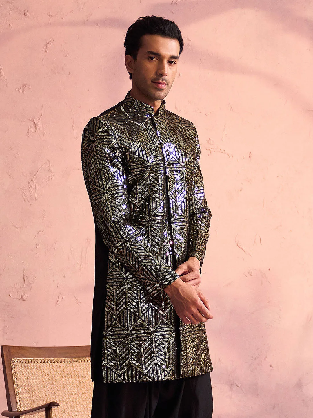 Jashvi Men's Black Georgette Sherwani Only Top