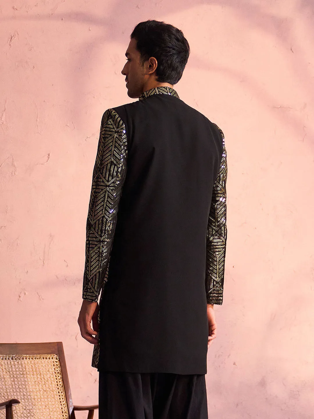 Jashvi Men's Black Georgette Sherwani Only Top