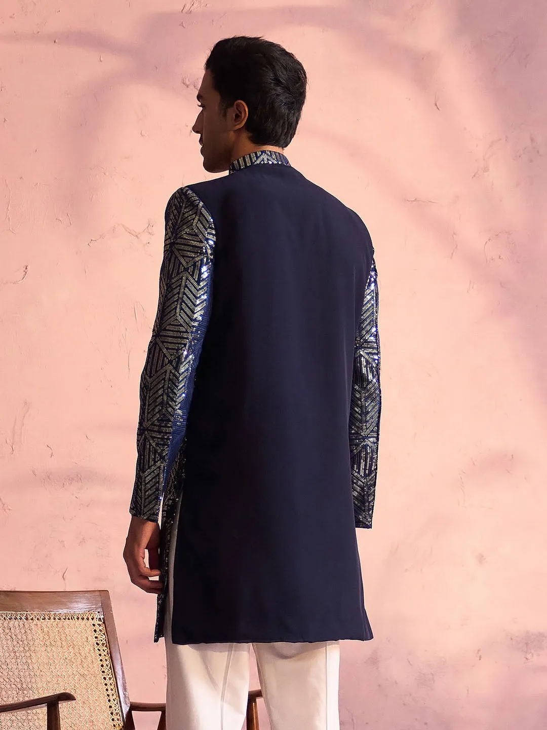 Jashvi Men's Navy Blue Georgette Sherwani Only Top