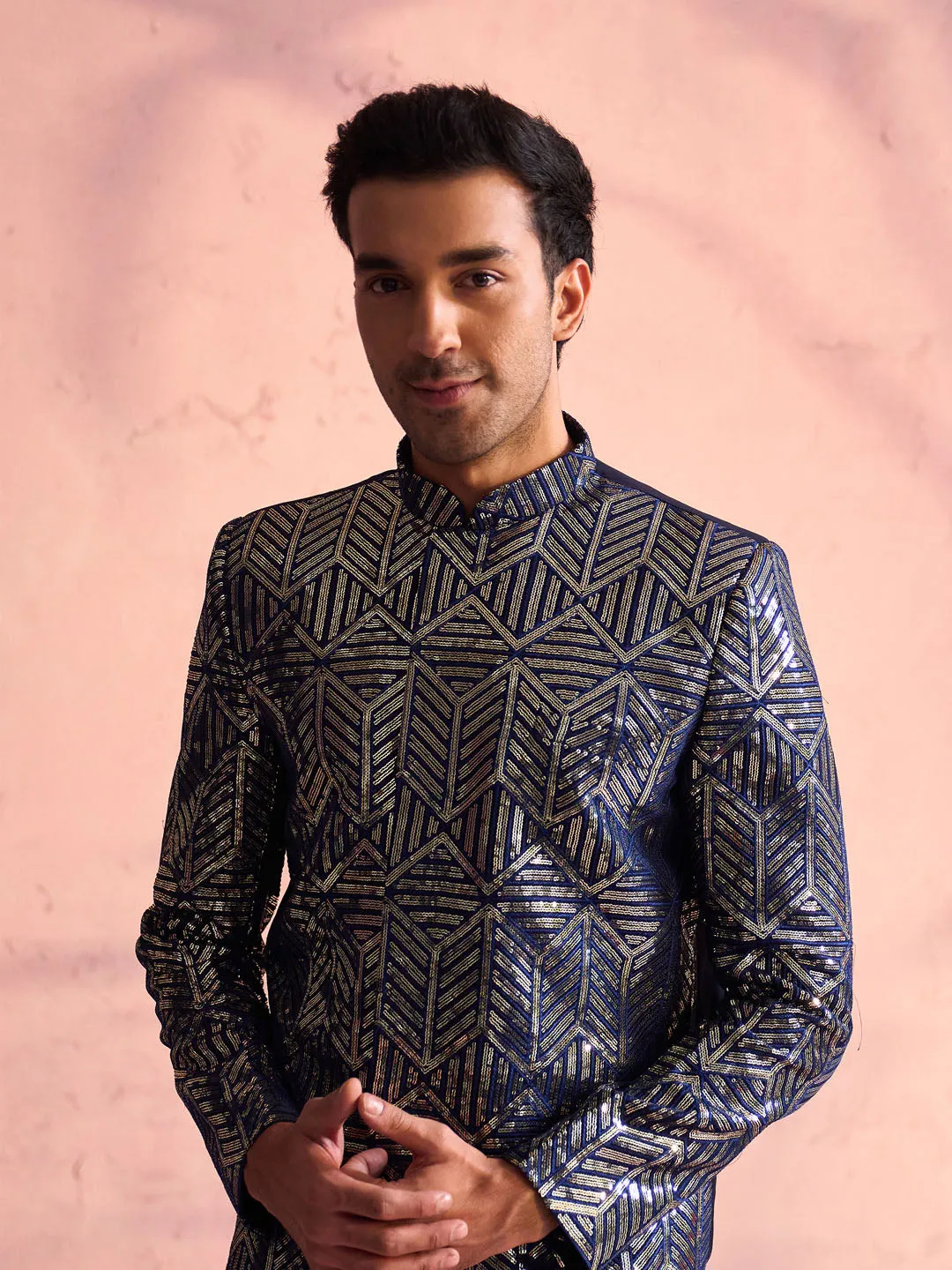 Jashvi Men's Navy Blue Georgette Sherwani Only Top