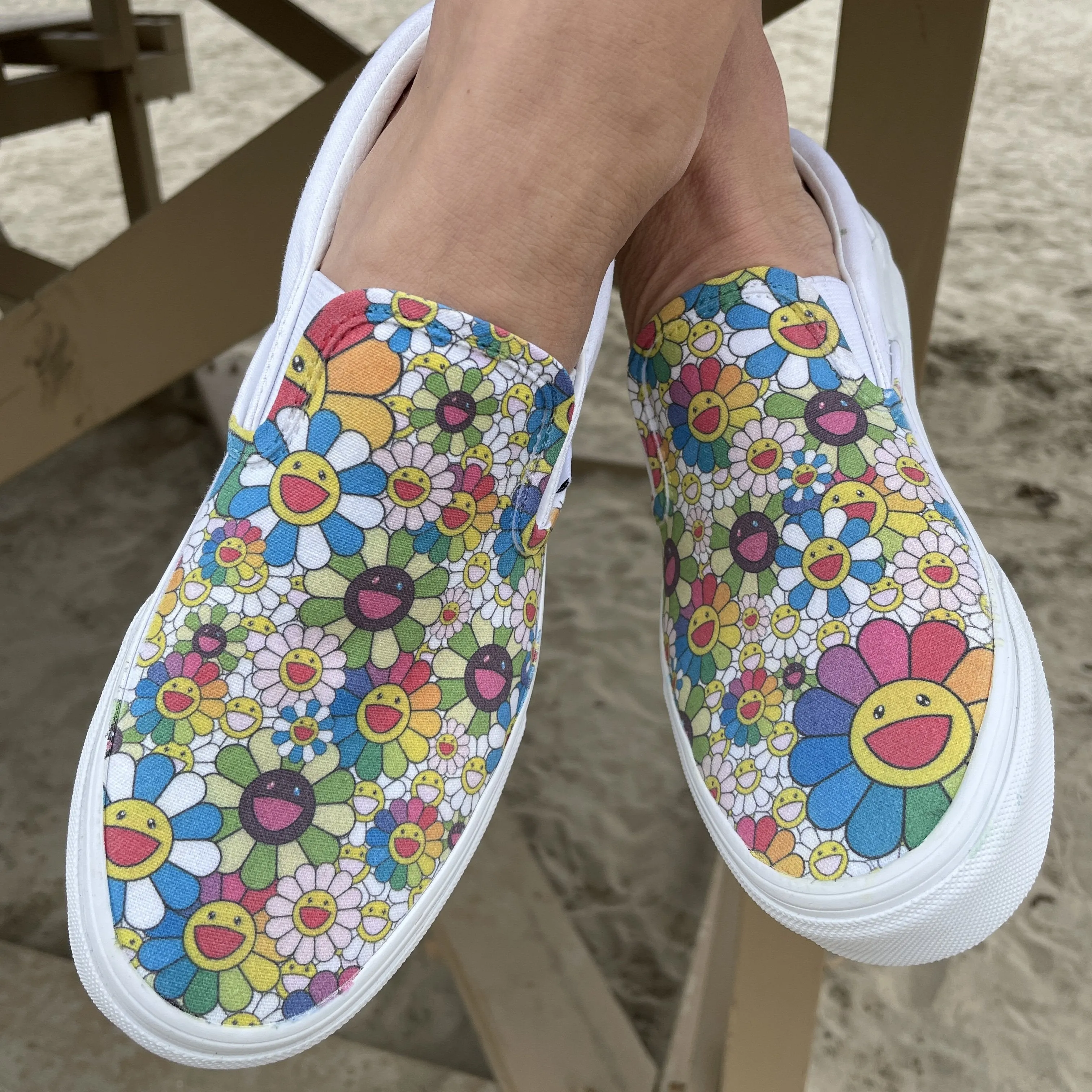 Kids Shoes - Takashi Murakami Rainbow Flower Sneakers - Custom Slip Ons