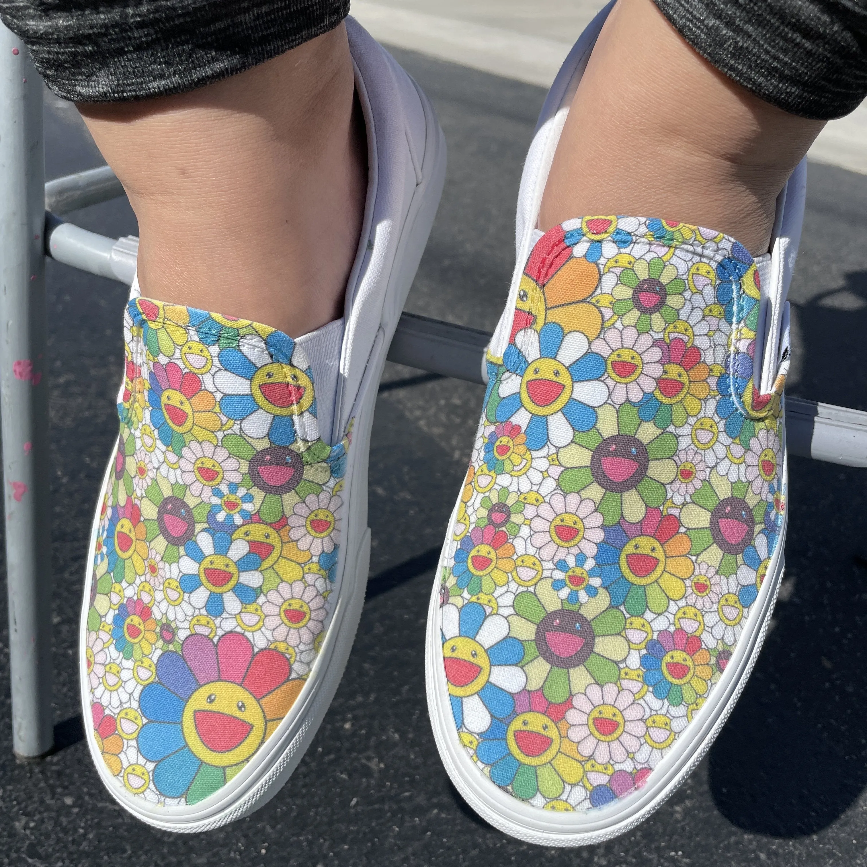 Kids Shoes - Takashi Murakami Rainbow Flower Sneakers - Custom Slip Ons