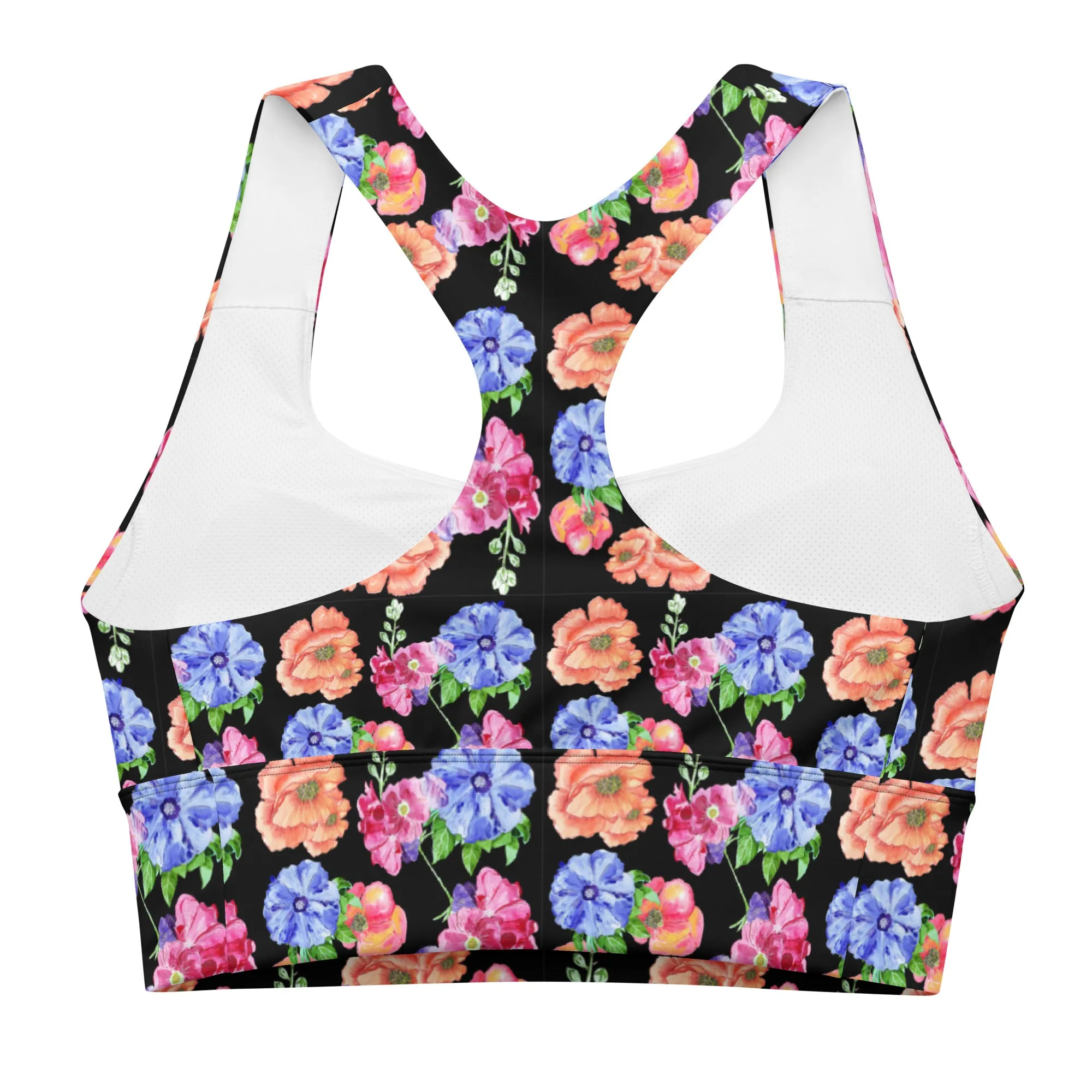 Longline sports bra - Flowers Flowers Flowers - Black