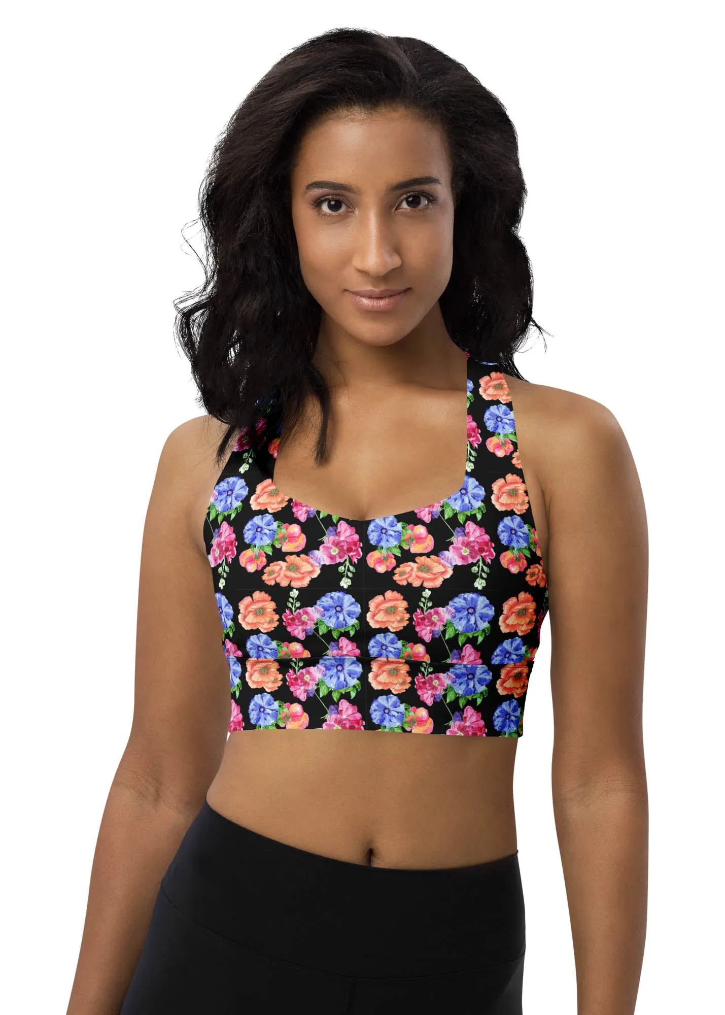 Longline sports bra - Flowers Flowers Flowers - Black