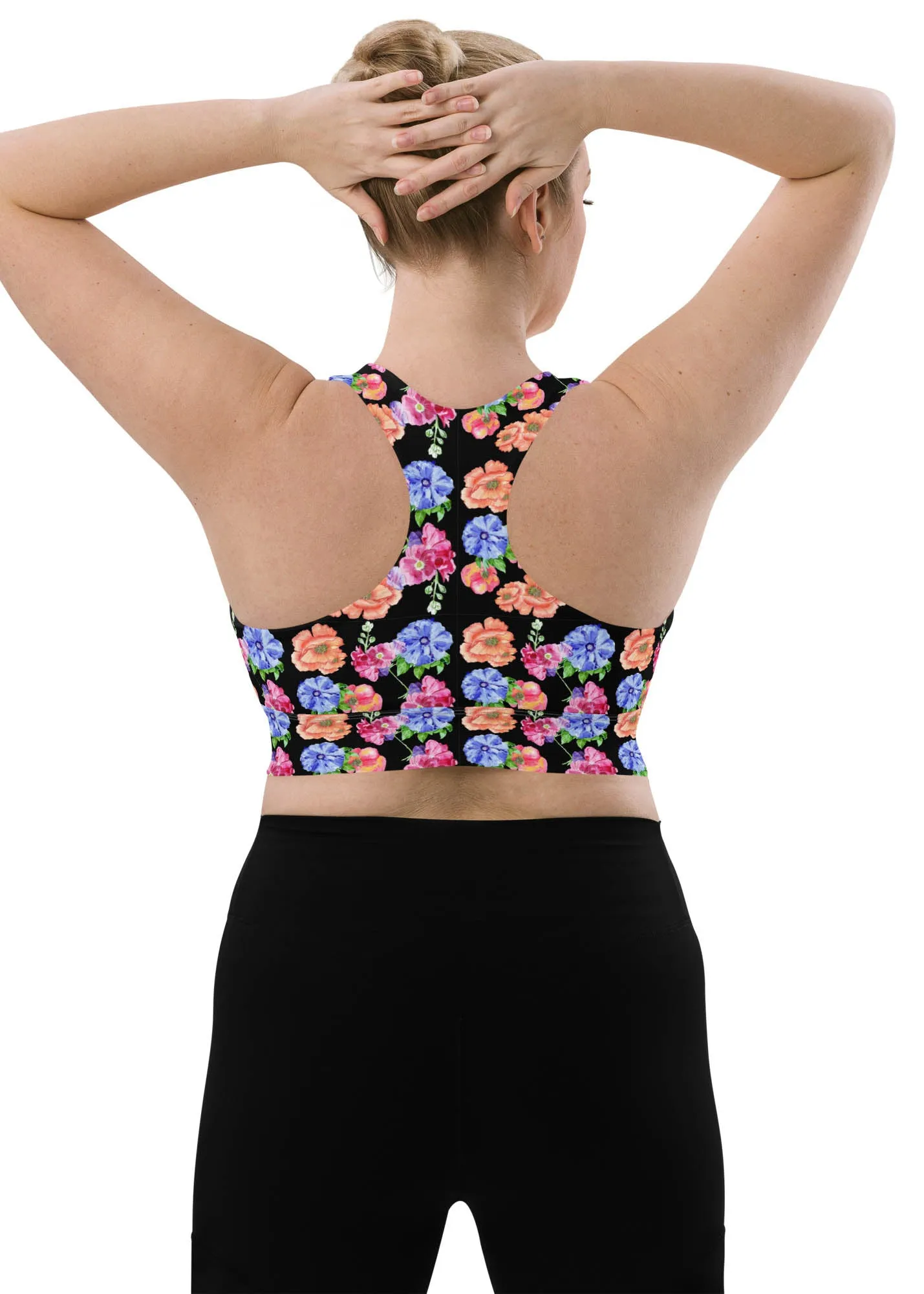 Longline sports bra - Flowers Flowers Flowers - Black