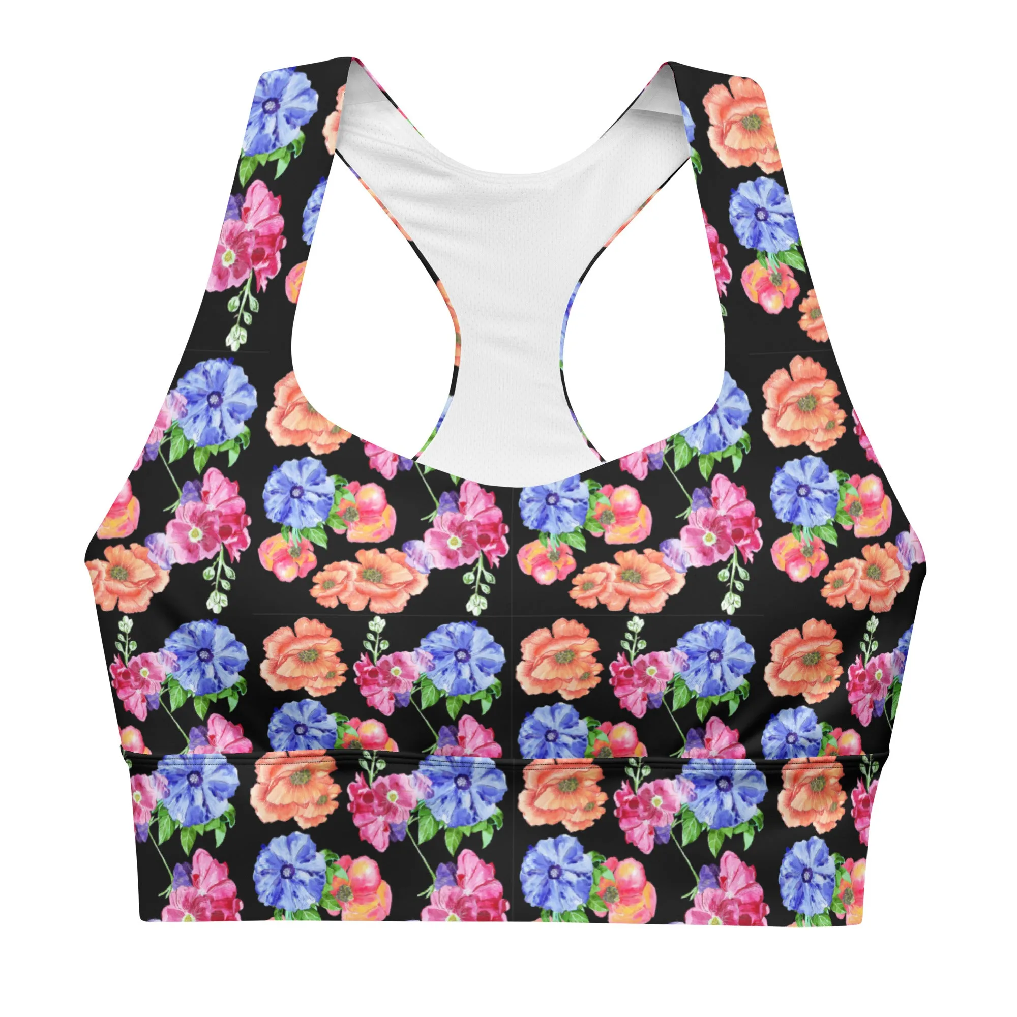 Longline sports bra - Flowers Flowers Flowers - Black