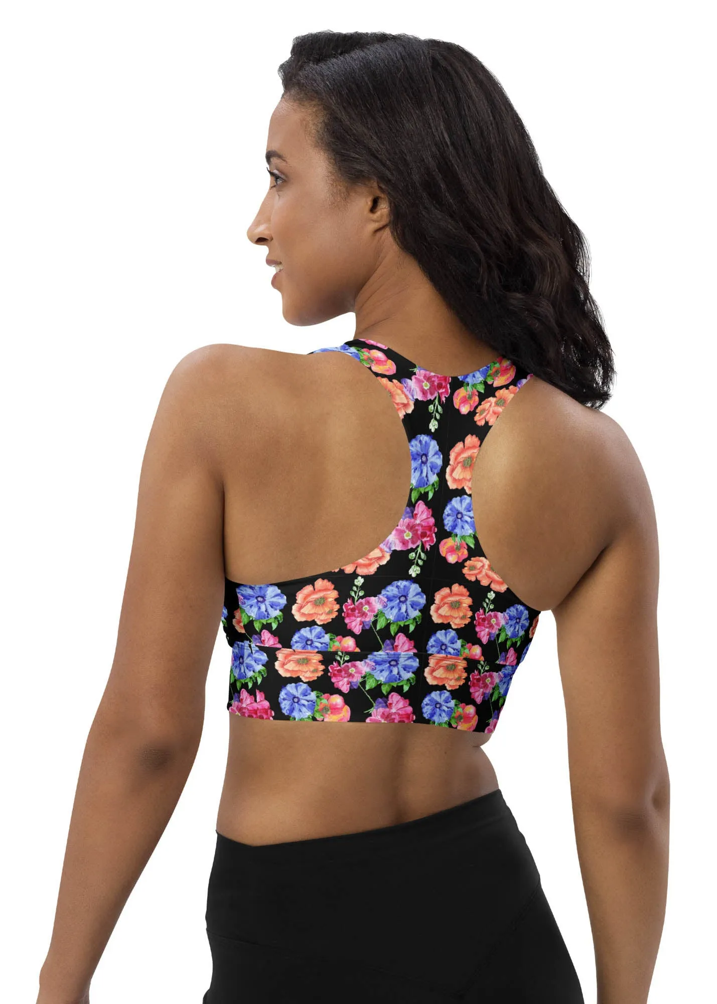 Longline sports bra - Flowers Flowers Flowers - Black