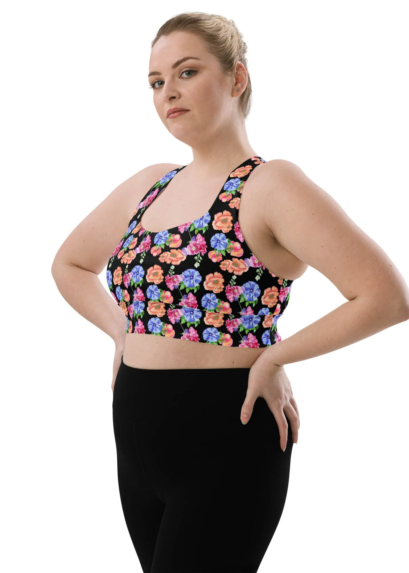 Longline sports bra - Flowers Flowers Flowers - Black