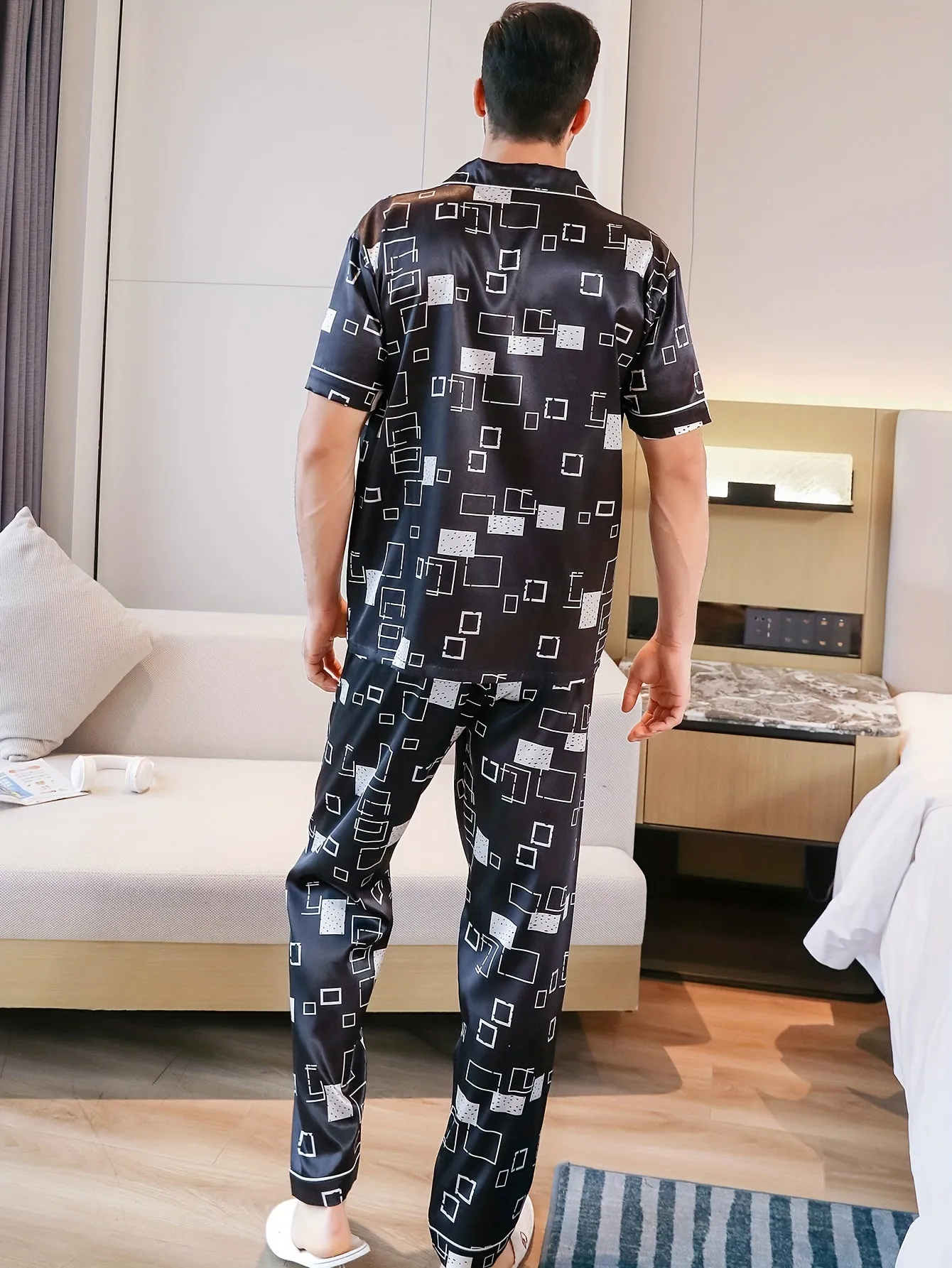 Mens 3-Piece Luxury Pajama Set - Cool Short Sleeve Shirt, Shorts & Long Pants - Breathable Ice Silk, Stylish Geometric Prints - Ultra-Soft, Comfy Lounge Wear for Summer Nights