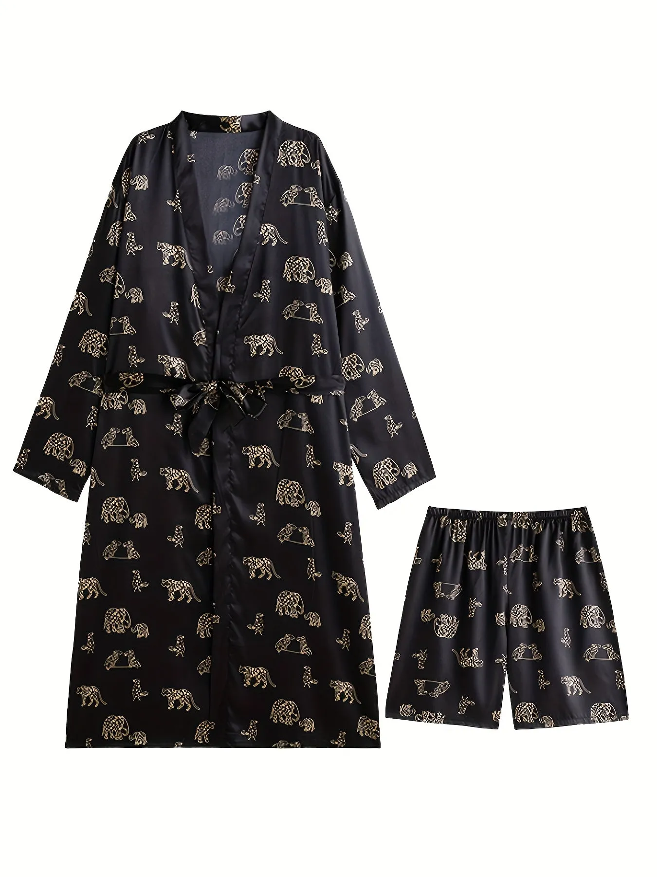 Men's Floral Print Satin Kimono Robe, Geometric-pattern, Vacation Style Comfortable Sleepwear Elegant Style Bathrobe With Belt Spa Home Wear