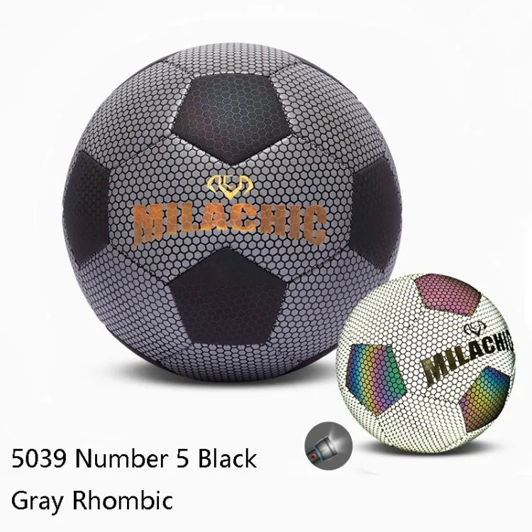 MILACHIC PU Leather Machine Stitch Luminous Fluorescent Reflective Football, Specification: Number 5 (Black Gray Rhombic 5039)