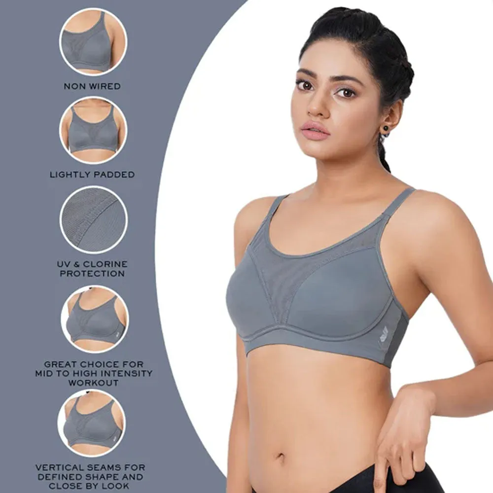 Motion Wear Sports Padded Non-wired Racer Back High Intensity Full coverage Sports Bra - Grey