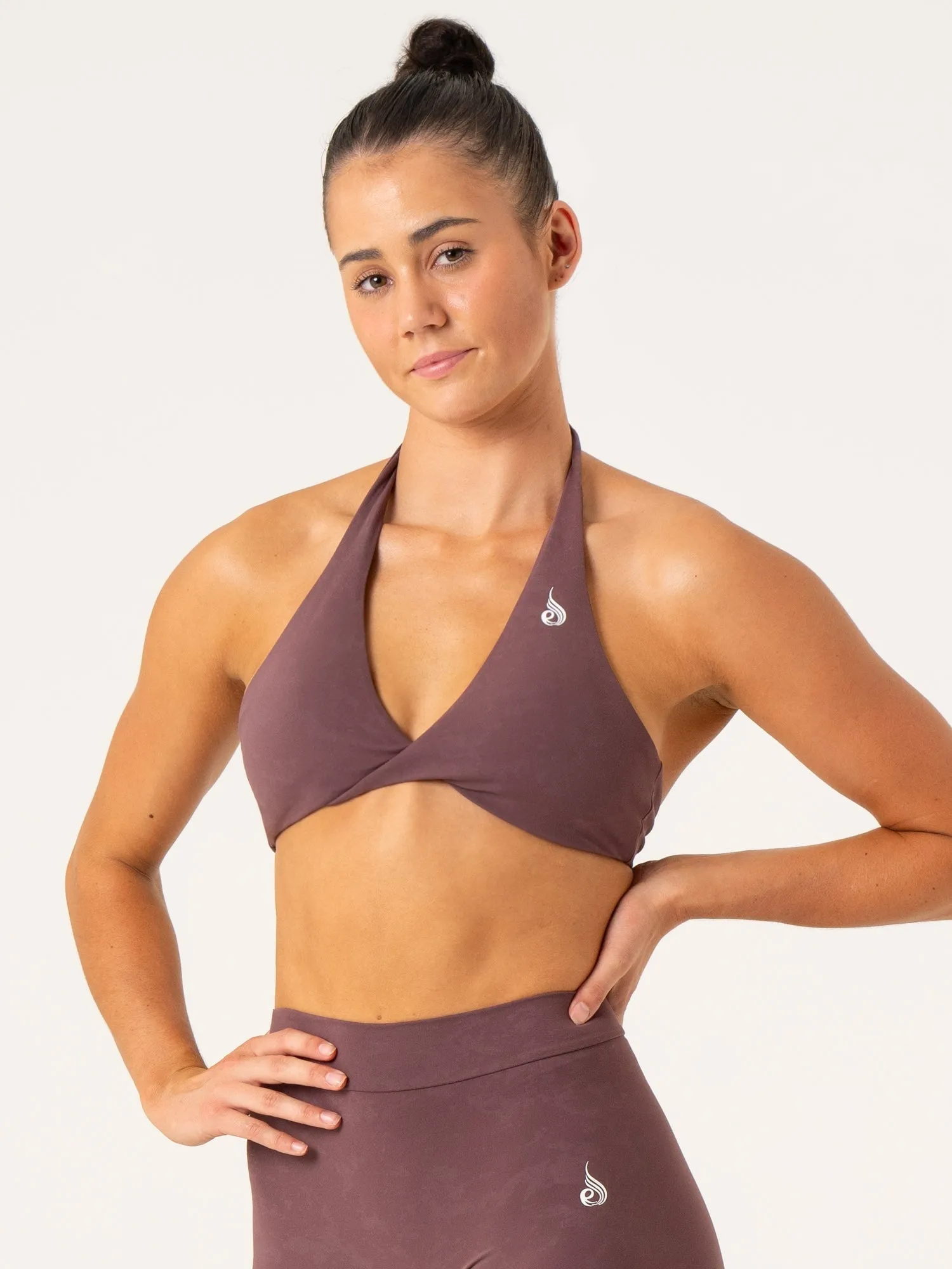 NKD Stonewash Halter Sports Bra - Chocolate Stonewash