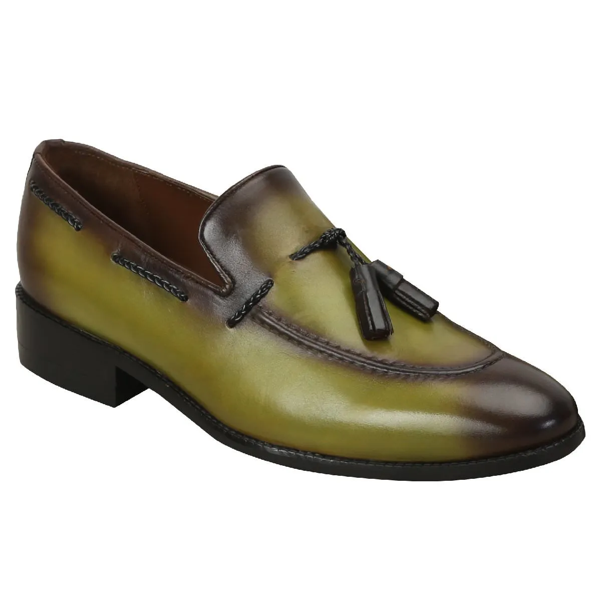 Olive Green Tassel Loafers in Genuine Leather By Brune & Bareskihn