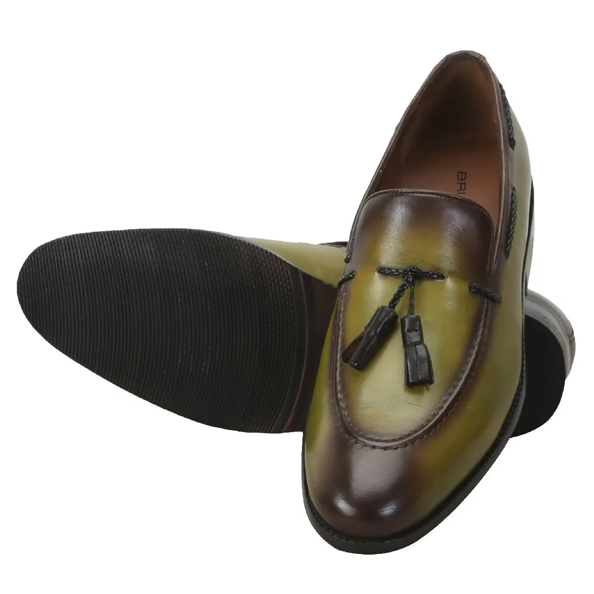 Olive Green Tassel Loafers in Genuine Leather By Brune & Bareskihn