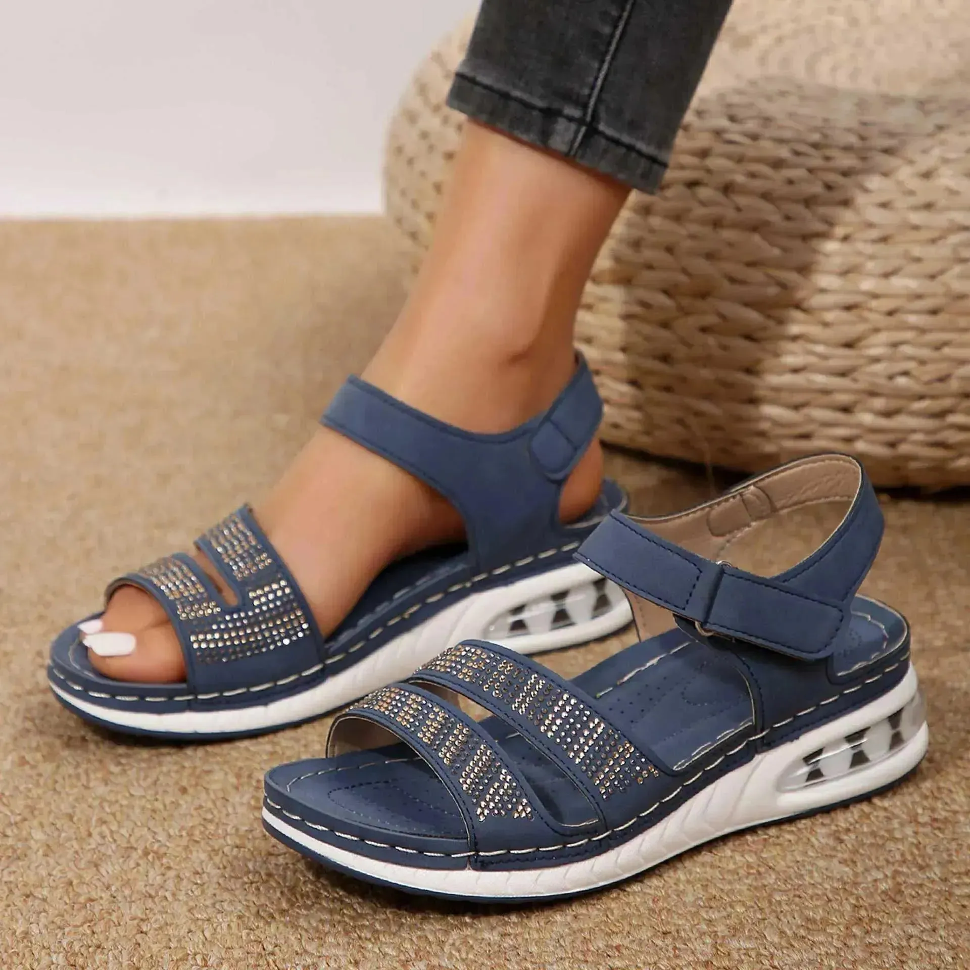 Summer Rhinestone Wedges Sandals Casual Sports Air Cushion Bottom Beach Shoes For Women Roman Sandals