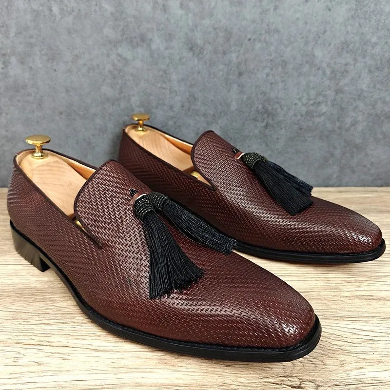 Tassels Woven Brown Leather Loafers