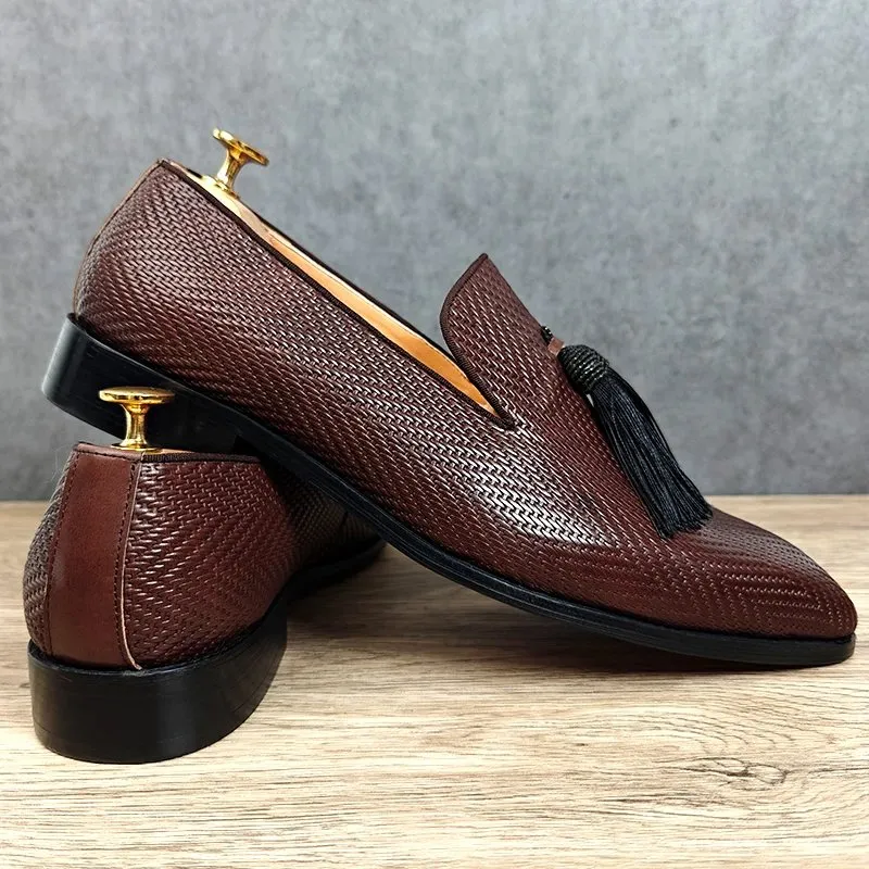 Tassels Woven Brown Leather Loafers