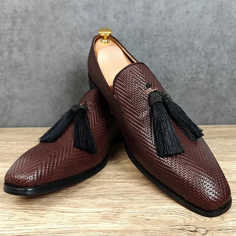 Tassels Woven Brown Leather Loafers