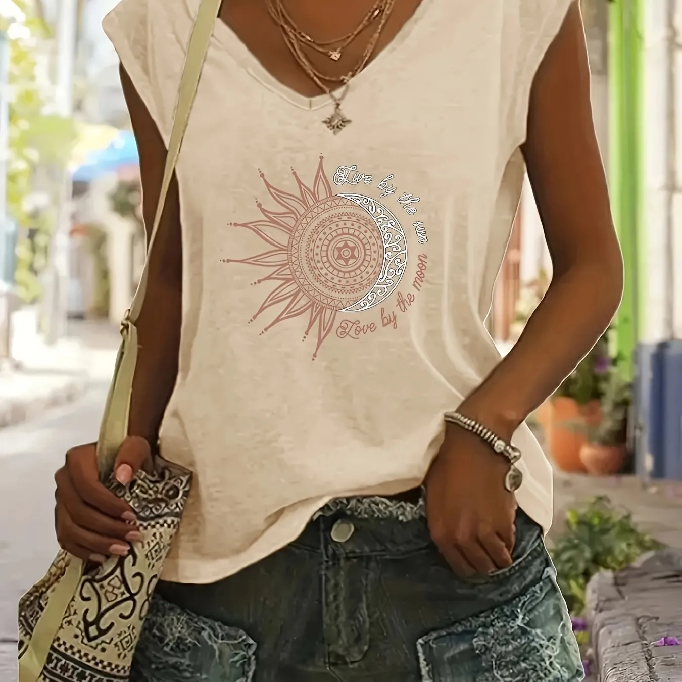 Vibrant Geometric Print V-Neck T-Shirt - Soft Cotton Blend, Micro Elasticity, Regular Length, Casual Style for Spring & Summer - Womens Fashion Essential