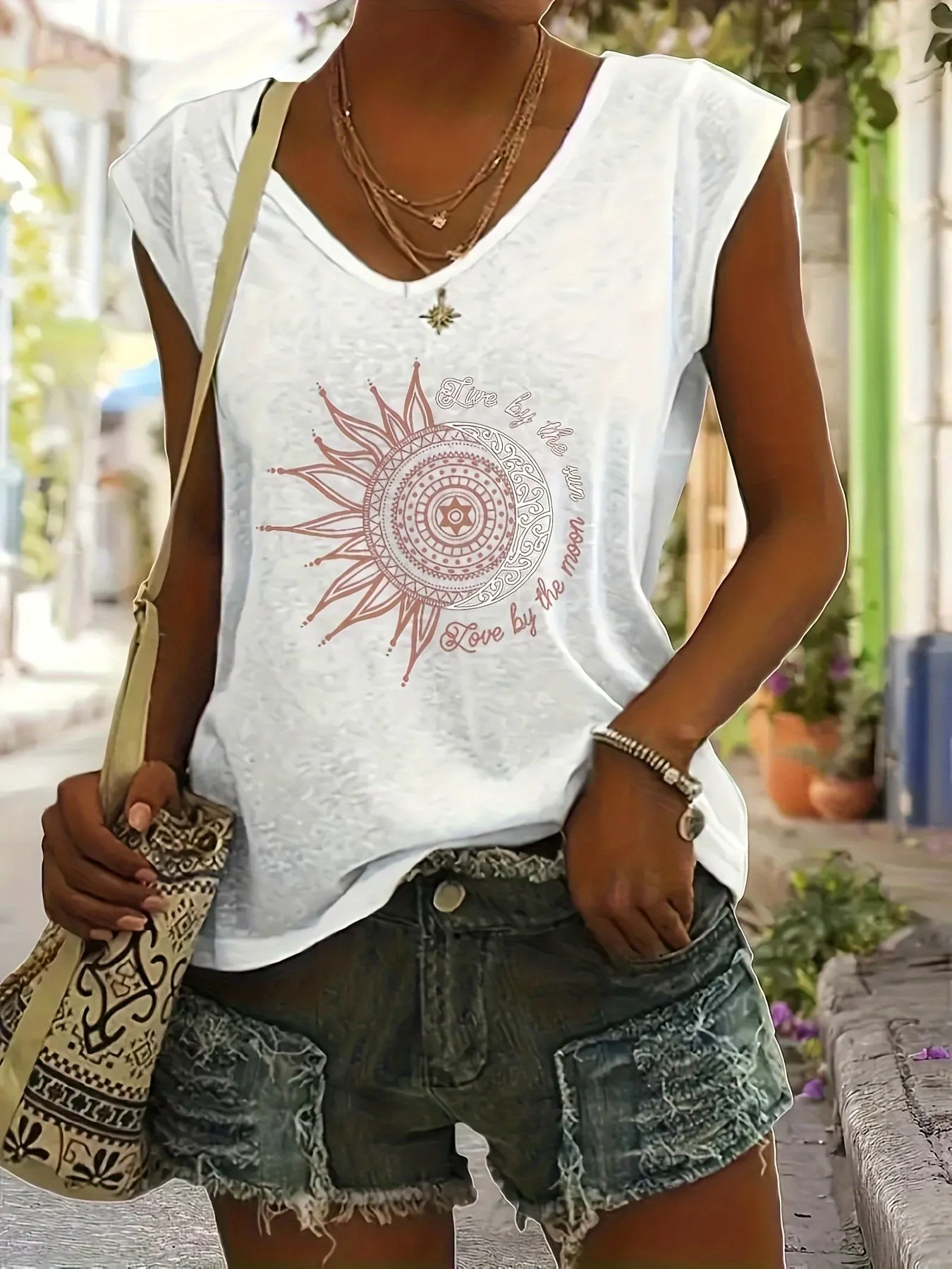 Vibrant Geometric Print V-Neck T-Shirt - Soft Cotton Blend, Micro Elasticity, Regular Length, Casual Style for Spring & Summer - Womens Fashion Essential