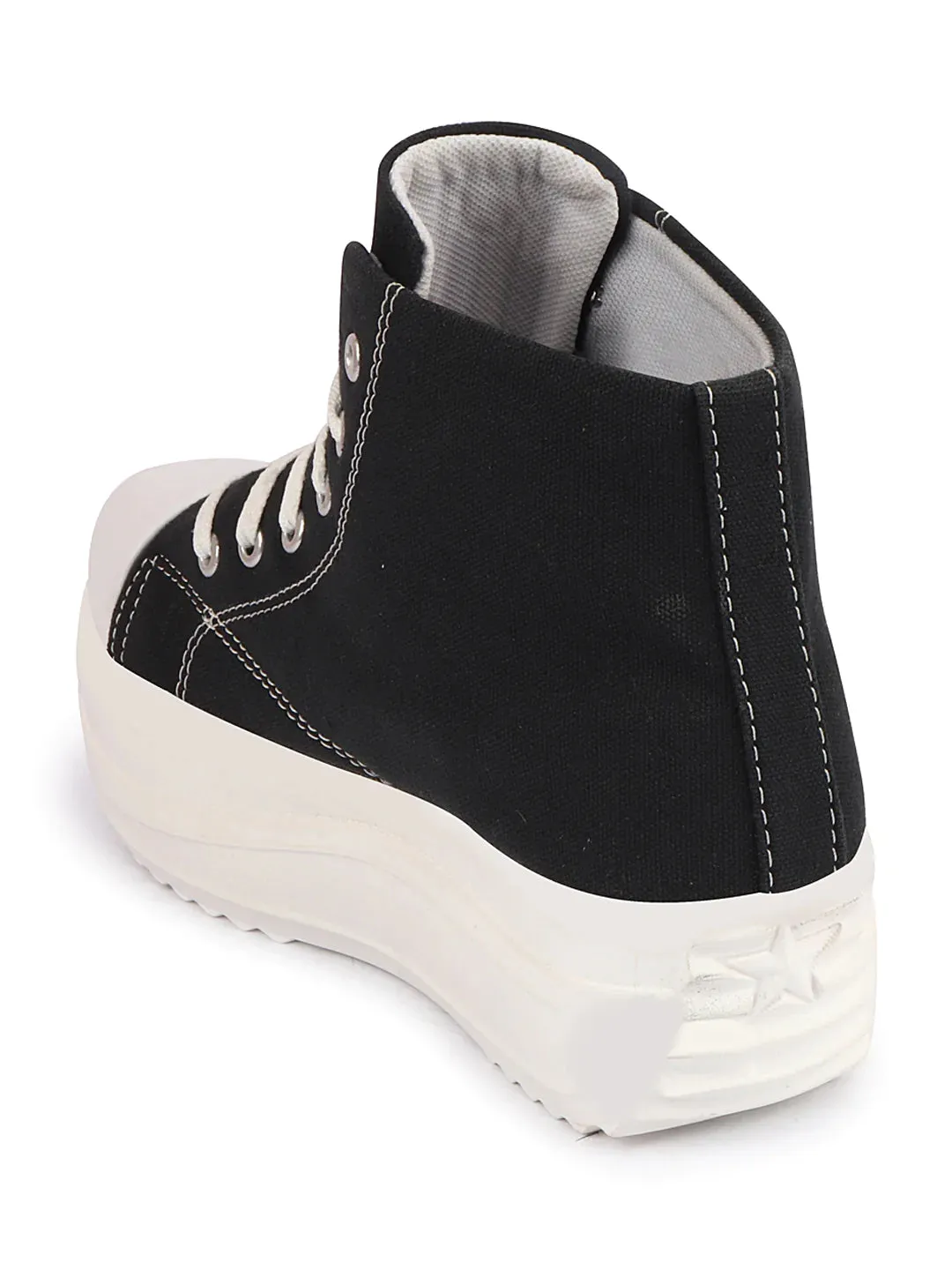 Women Black High Ankle Top Wedge Heels Canvas Lace Up Sneakers Shoes